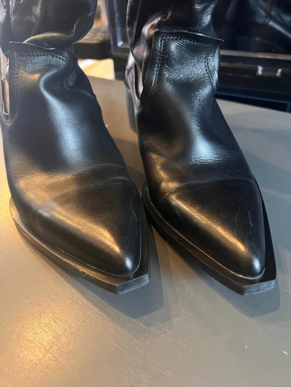 Zara Black Over-the-Knee Leather Boots with Western Stitching - Festival Boot